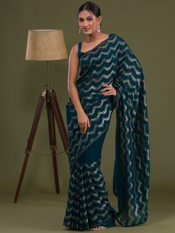 Koskii - Peacock Teal Sequins Georgette Saree with Unstitched Blouse