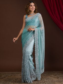 Koskii - Blue Sequins Net Designer Saree with Unstitched Blouse