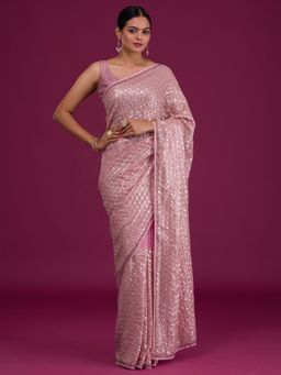 Koskii - Peach Sequins Georgette Saree with Unstitched Blouse
