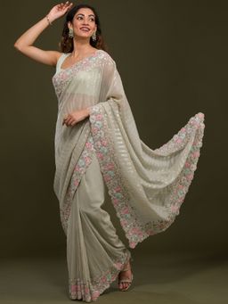 Koskii - Pista Green Threadwork Georgette Saree with Unstitched Blouse