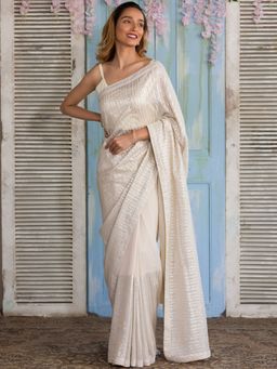 Koskii - Cream Sequins Georgette Saree with Unstitched Blouse