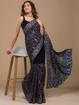 Koskii - Navy Blue Threadwork Georgette Saree with Unstitched Blouse