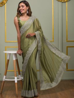 Koskii - Green Zariwork Crepe Saree with Unstitched Blouse
