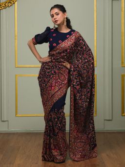 Koskii - Navy Blue Threadwork Georgette Saree with Unstitched Blouse
