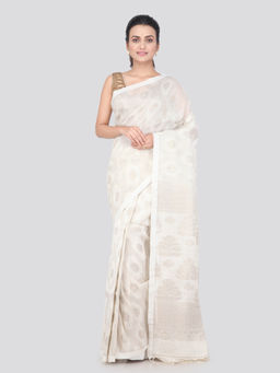 PinkLoom - Womens Linen Jamdani Saree with Unstitched Blouse-Off White