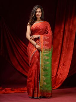 CHARUKRITI - Brick Red Blended Cotton Woven Ethnic Motifs & Temple Border Saree with Unstitched Blouse