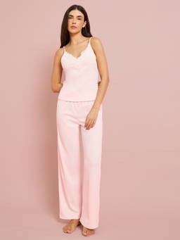 Styli - Women Pink Contrast Lace Detail Cami & Pyjama