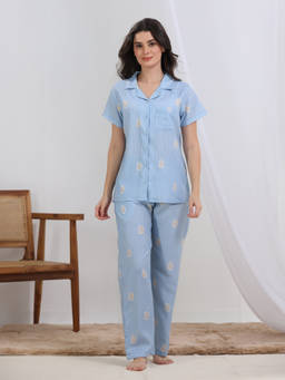 HOUSE OF COMFORT - Blue Costal Spring PJ Shirt With Pyjama