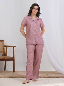 HOUSE OF COMFORT - Pink Rosewood Pin PJ Shirt With Pyjama