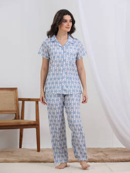 HOUSE OF COMFORT - Blue Ocean Pebbles PJ Shirt With Pyjama