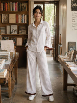 Slumber Jill - Brown Mocha Mornings Stripe Cotton Shirt With Pyjama