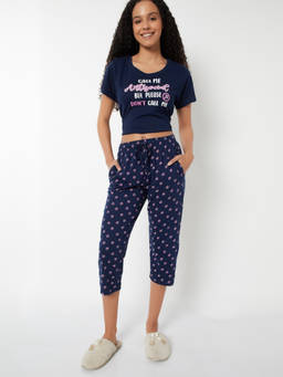 max - Navy Blue Women Printed Top With Capri