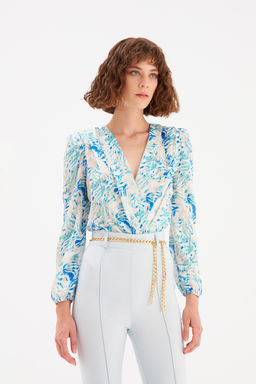 Sateen - Blue & White Textured Pattern Top
