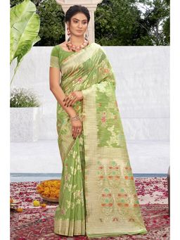Sangam Prints - Light Green Cotton Silk Woven Zari Work Traditional Saree with Unstitched Blouse