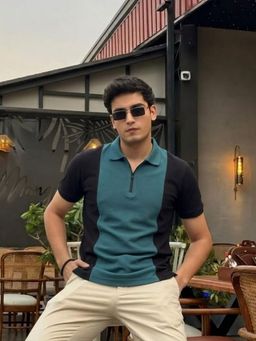 RIGO - Men Teal Polo Collar Colourblocked Cotton Half Sleeve Zipper Polo T-Shirt