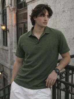 RIGO - Men Solid Army Green Cotton Polo Collar Half Sleeve Regular Fit Polo T-Shirt
