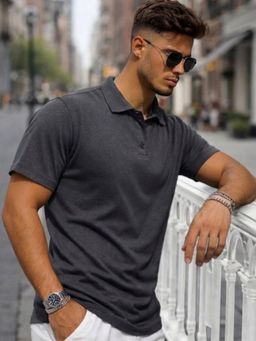 RIGO - Men Solid Charcoal Grey Cotton Polo Collar Half Sleeve Regular Fit Polo T-Shirt
