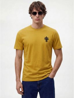 MR BUTTON - Men Mustard Cotton Regular Fit Printed Round Neck T-Shirt