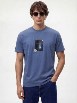 MR BUTTON - Men Blue Cotton Regular Fit Printed Round Neck T-Shirt