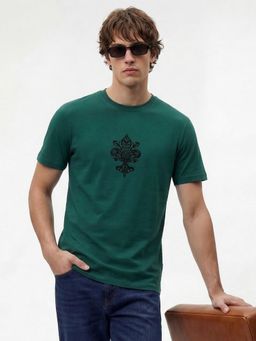 MR BUTTON - Men Dark Green Cotton Lycra Regular Fit Flock Round Neck T-Shirt