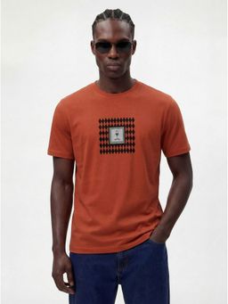 MR BUTTON - Men Rust Cotton Lycra Regular Fit Flock Round Neck T-Shirt