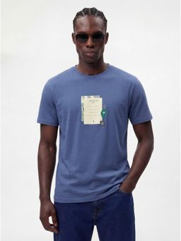 MR BUTTON - Men Blue Cotton Lycra Regular Fit Printed Round Neck T-Shirt