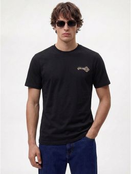 MR BUTTON - Men Black Cotton Lycra Regular Fit Printed Round Neck T-Shirt