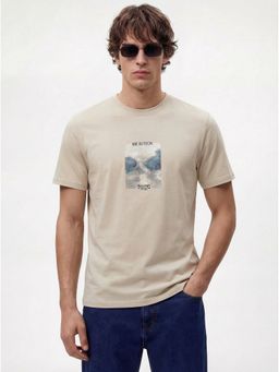MR BUTTON - Men Beige Cotton Lycra Regular Fit Printed Round Neck T-Shirt