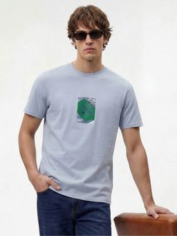 MR BUTTON - Men Blue Cotton Lycra Regular Fit Printed Round Neck T-Shirt