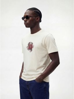 MR BUTTON - Men Cream Cotton Lycra Regular Fit Printed Round Neck T-Shirt