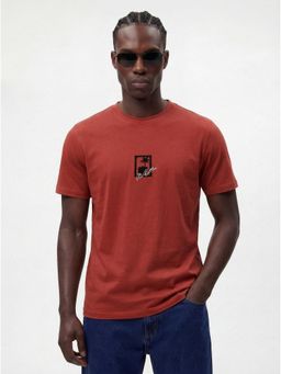 MR BUTTON - Men Rust Cotton Lycra Regular Fit Embroidered Round Neck T-Shirt