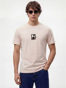 MR BUTTON - Men Lite Pink Cotton Lycra Regular Fit Embroidered Round Neck T-Shirt