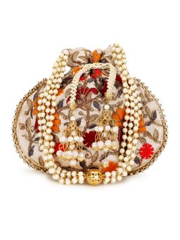 Anekaant - Dangle Cream and Multi Floral Embroidered Faux Silk Potli