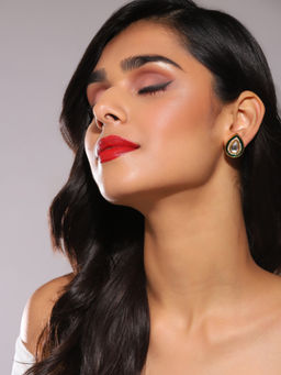 Ruby Raang Studio - Green Meenakari And Diamond Detail Kundan Studs