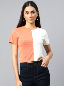 Xpose - Women Peach Colourblocked Round Neck Crop T-shirt