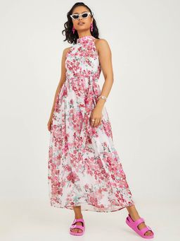 Styli - Multi-color Sleeveless Floral Print A-line Maxi Dress With Tie Belt (Set of 2)