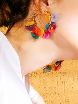 Yellow Chimes - Gold Tone Hoop with Multicolor Petals Attached Earrings