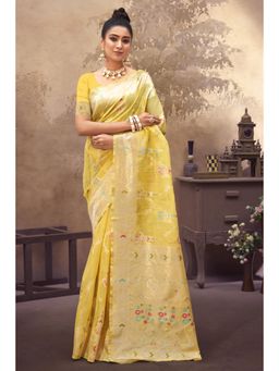 Sangam Prints - Yellow Cotton Silk Woven Zari Work Traditional Saree with Unstitched Blouse