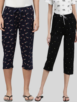 Kryptic - Women Navy Blue & Black Printed Regular Fit Cotton Capris (Pack of 2)