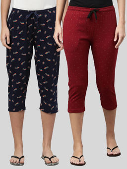 Kryptic - Women Maroon & Navy Printed Regular Fit Cotton Capris (Pack of 2)