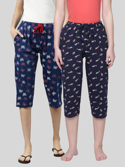 Kryptic - Women Navy Printed Regular Fit Cotton Capris (Pack of 2)