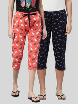 Kryptic - Women Coral & Navy Printed Regular Fit Cotton Capris (Pack of 2)