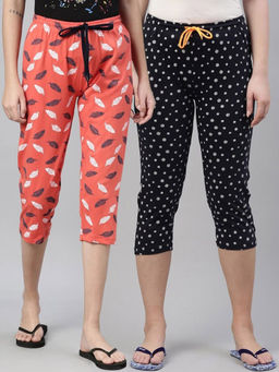 Kryptic - Women Navy & Coral Printed Regular Fit Cotton Capris (Pack of 2)