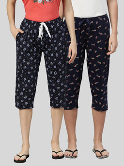 Kryptic - Women Navy Printed Regular Fit Cotton Capris (Pack of 2)