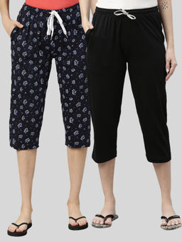 Kryptic - Women Black & Navy Printed Regular Fit Cotton Capris (Pack of 2)