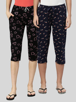 Kryptic - Women Black & Navy Printed Regular Fit Cotton Capris (Pack of 2)