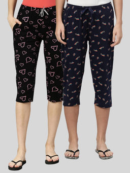 Kryptic - Women Black & Navy Printed Regular Fit Cotton Capris (Pack of 2)