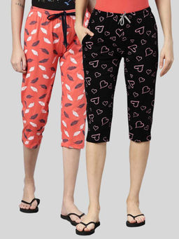 Kryptic - Women Black & Coral Printed Regular Fit Cotton Capris (Pack of 2)