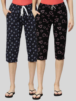 Kryptic - Women Black & Navy Printed Regular Fit Cotton Capris (Pack of 2)