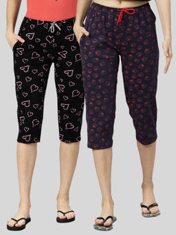 Kryptic - Women Navy Blue & Black Printed Regular Fit Cotton Capris (Pack of 2)